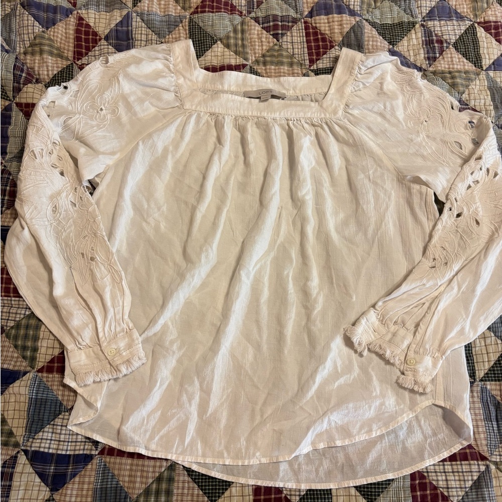 LOFT Cream Embroidered Blouse